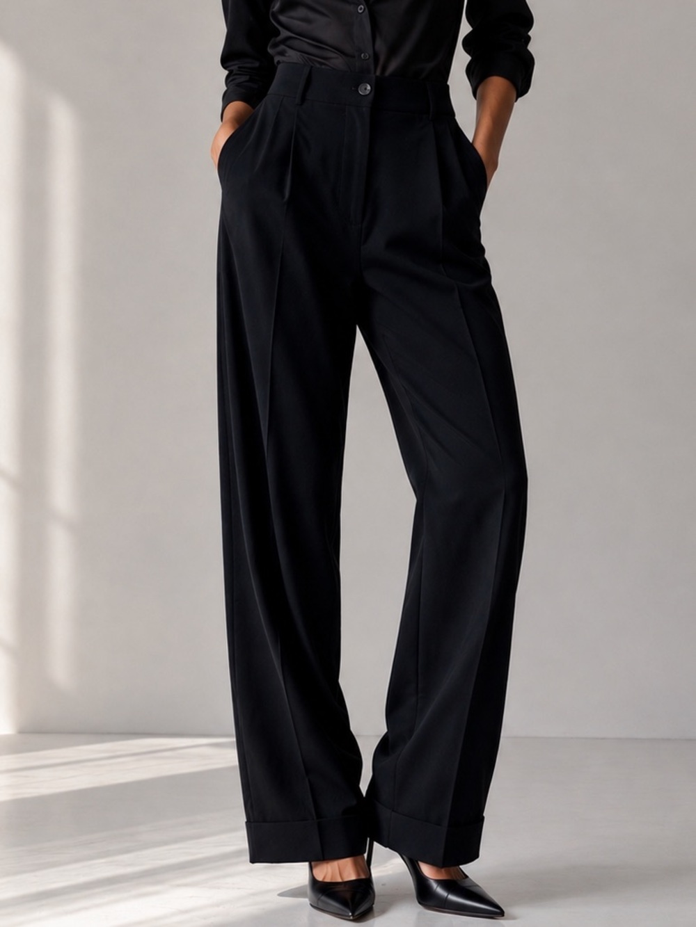 MaxMara Vintage High-Waist Wide-Leg Cuffed Wool Blend Pants - Black - US 10